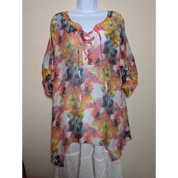 grand & greene Tops - Abstract Floral Lace Up Blouse Womens Size Large Boho Festival Artistic Flowy